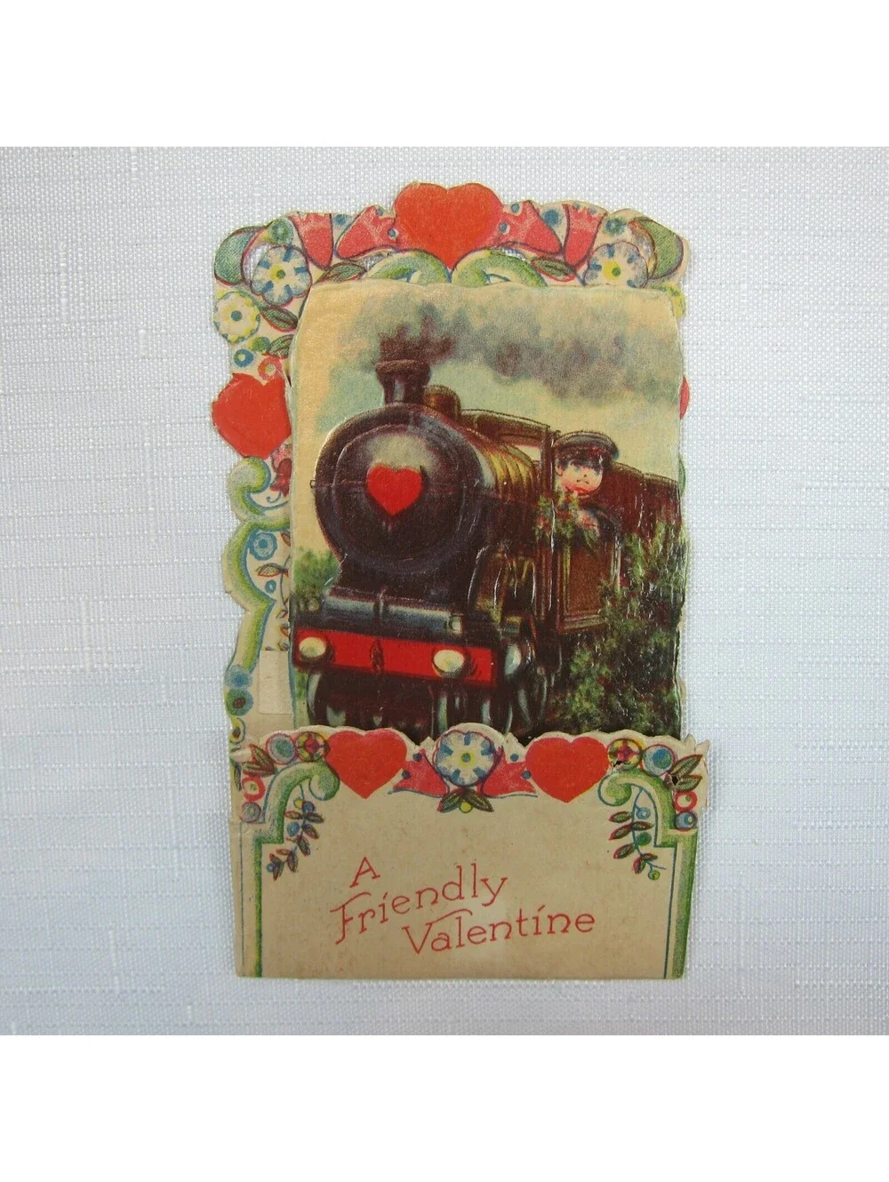 Vintage Valentine Pull Down Die Cut Boy Train Conductor Standup Germany 1920-30s
